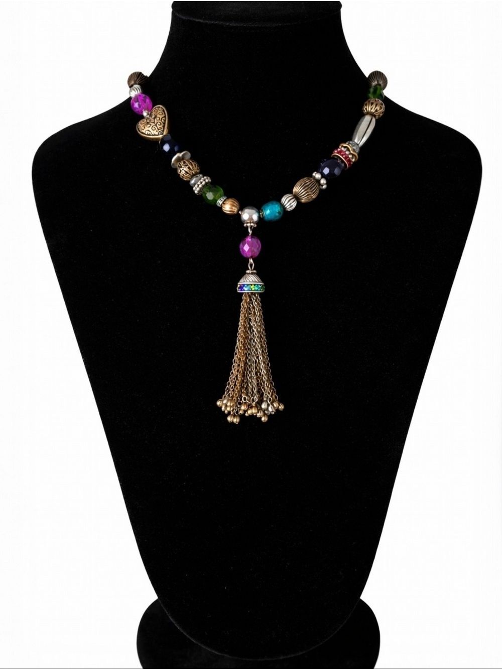 𝅺Chico’s Boho Luxe Multicolor Beaded Tassel Necklace Adjustable Statement